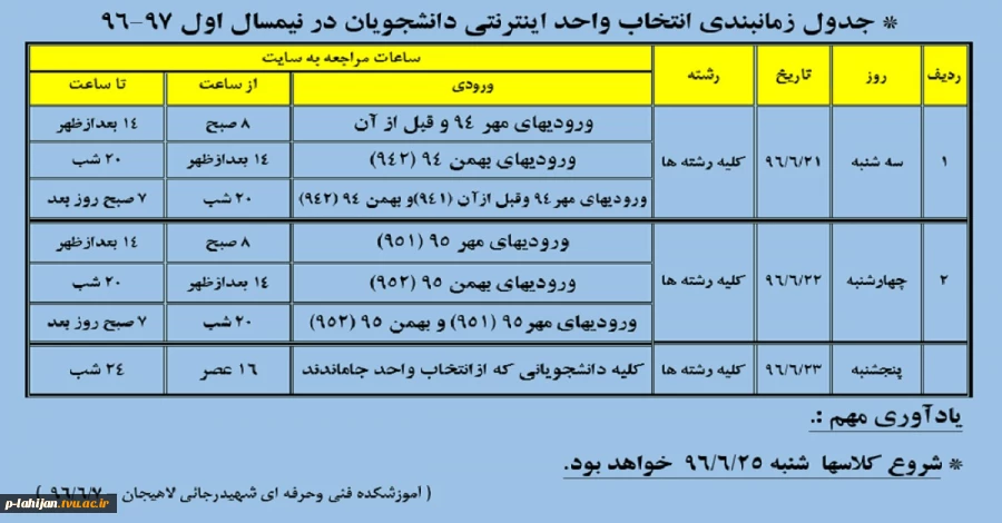 جدول انتخاب واحد 961