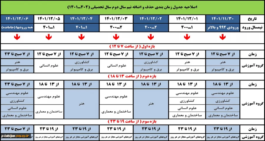 جدول حذف و اضافه نیمسال دوم 1401 2